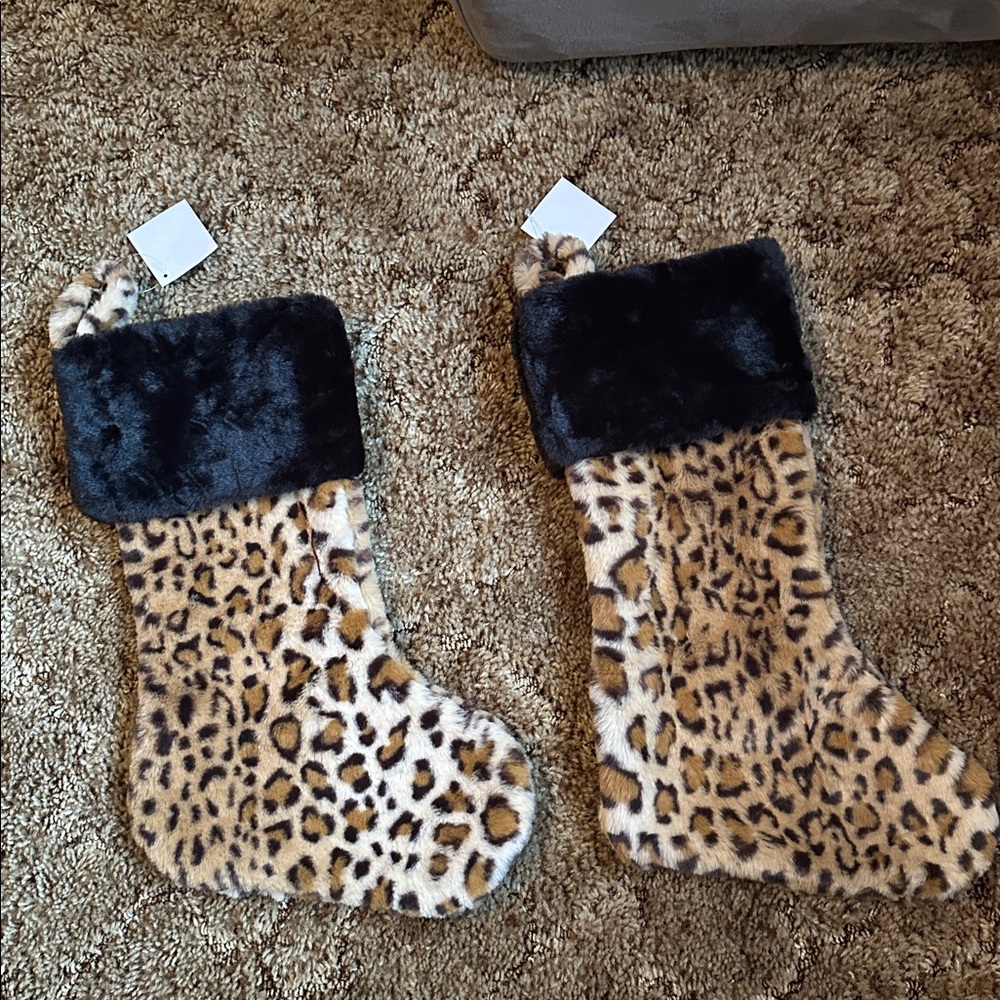 Hobby Lobby 2 Leopard Cheetah Print Black Trim Christmas Stocking 17x10”, NWT
